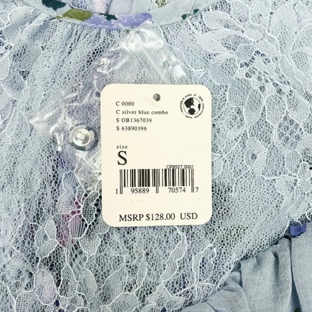 Free People Daphne Blouse Size S Blue Floral Lace Boho Cottage Girlcore Romantic